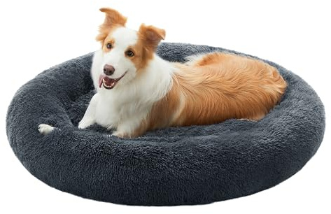 Feandrea hundbädd fluffig, kattbädd, donut-kudde, tvättbar, avtagbar stoppning i mitten, lång plysch, 90 cm diameter, mörkgrå PGW041G02