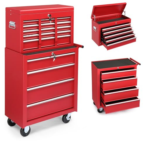 Winado 9-Drawer Rolling Tool Chest with Wheels & Lock & Key, Tool Box with Large Storage Cabinet, Removable Portable Top Box for Garage, Warehouse, Repair Shop & Home, (Red)