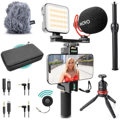 Movo iVlogger-PRO Vlogging-Kit für iPhone/Android – YouTube-Starter-Kit für Content Creator – Zubehör: Handy-Stativ, Handy-Halterung, RGB-Licht und VXR10 Richtmikrofon