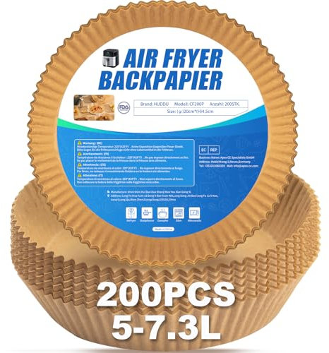 HUDDU 200PCS Backpapier für Heißluftfritteuse,20CM Rund Airfryer Backpapier,Einwegschalen Luftfritteuse Pergamentpapier Airfryer Liners Ideal für Heißluftfritteuse Ofen Mikrowelle