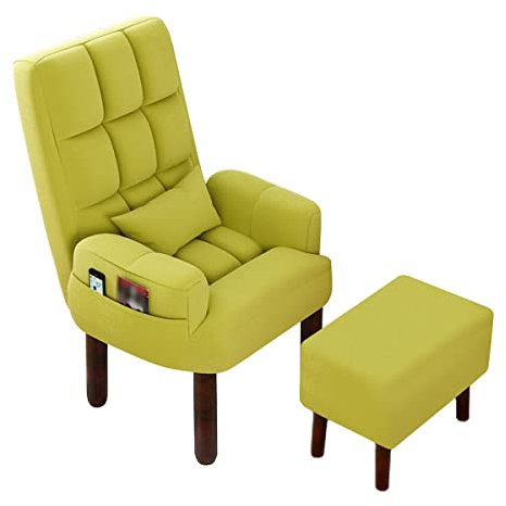 Sessel mit Fußhocker, bequemer Stuhl mit Holzbeinen, Arbeitsstuhl, atmungsaktiver Bürostuhl aus Baumwollleinen, Stillstuhl mit Rückenlehne, ergonomisches Design (Farbe: Grün)