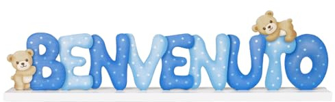 BETESSIN Tischdeko Babyparty - Babyshowerparty Deko Italienisch Holzschriftzug mit Babybär Motiv - Tischdekoration für Babyparty (Blau (Benvenuto))