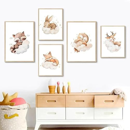 Bilder Kinderzimmer Jungen Tiere Wolken Waschbär Bild Babyzimmer Beige Poster Kinder Jungen Wandbilder Leinwand Boho Baby Zimmer Deko Beige