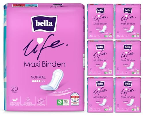 bella life Maxi Damenbinden Normal | dermatest: SEHR GUT | atmungsaktive Binden für Damen im 7er Pack (7 x 20 Stück) | parfümfrei und extra weiche Oberfläche