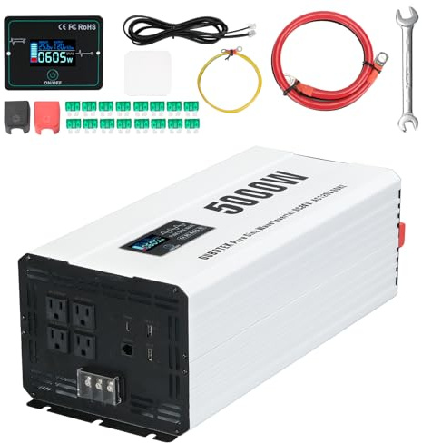 OUBOTEK 5000 Watts Power Inverter, Pure Sine Wave 24V DC to 120V AC Off Grid Solar Inverter with Wired Remote Switch LCD Display 4 AC Outlets Hardwire Terminal for Home RV Camping