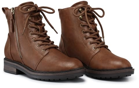 SHIBEVER Ankle Boots for Women Comfortable Lace-up Fall Fashion Combat Boots 2025 Low Heel Lug Sole Zipper Short Booties