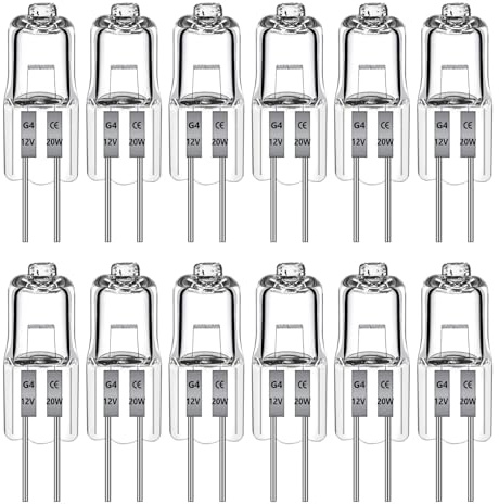 Ddlisu G4 Bulb 12 Pack, 12V 20W Halogen Bulbs 2 Pin, Dimmable, 2000Hrs Long Lifetime, 2700K Warm White, G4 Halogen Bulb Replacement for Under Cabinet Puck Light Chandeliers Track Lighting