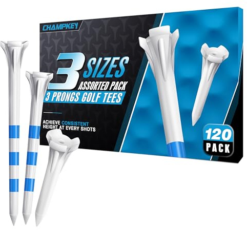 CHAMPKEY Professional 3 Prongs Golf Tees 120 Pack (Including 30 * 83mm/ 50 * 70mm/ 40 * 38mm) Low Friction and Resistance Golf Plastic Tees (White)