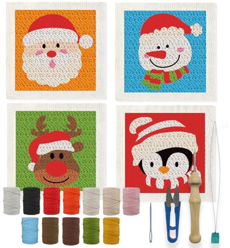 BEUNITONE 4pcs Christmas Punch Needle Kits for Adults Beginner, DIY Easy Embroidery Set for Starter Art Craft and Home Decor, Needling Punch Project with Patterns, Tools, Yarns, Instruction 9.4 x 9.4