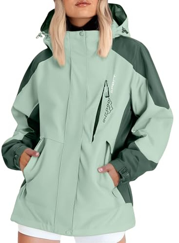 Gabardina Mujer Softshell Outdoor Invierno Chaqueta Mujer Senderismo Colores Sólidos Amarillo Ropa De Agua con Capucha Patchwork Poncho Lluvia Trekking Casual Oktoberfest 2#Verde Menta L