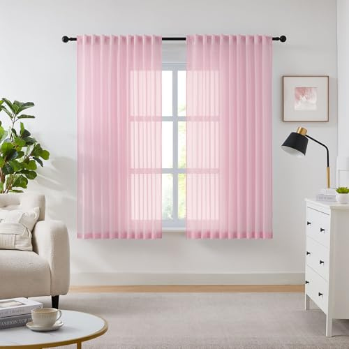 Melodieux Voile Gardinen Rosa Vorhänge mit Kräuselband,Leichte Fenstervorhänge Pink,210×137cm (H×B) 2er Set