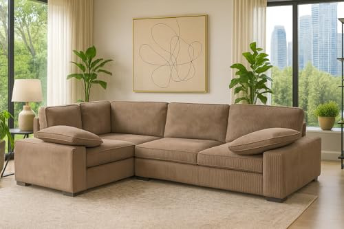 Happy Sofas Mink Ascot 4-Seater Left-Hand Corner Sofa – Soft Jumbo Cord Fabric, Comfortable and Stylish - L Shape Sofa - Sofas For Living Room (Mink)