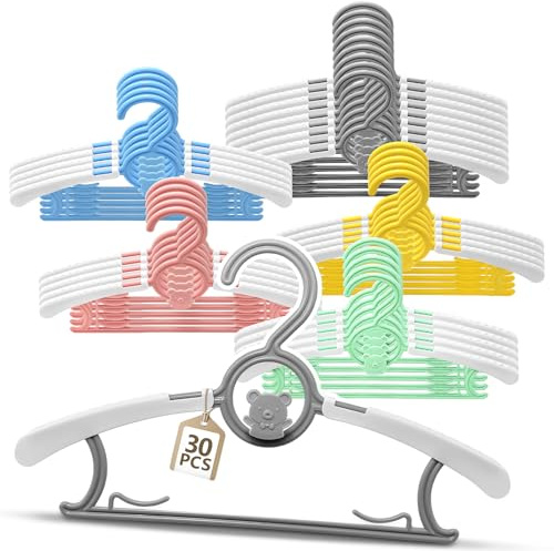 Yonality 30 grucce bambini, 28cm-36cm grucce regolabili antiscivolo per bambini, appendino in plastica con ganci impilabili a forma di orsetto salvaspazio, 5 colori, per unisex bambino neonati