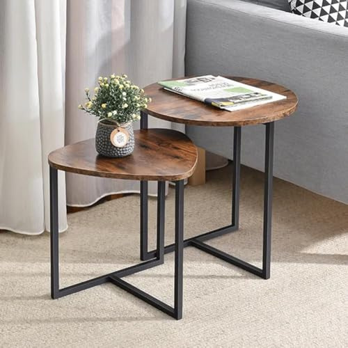 DARDVORLAG Couchtisch 2er Set – Beistelltisch im Vintage-Industriedesign Metallgestell & MDF Wohnzimmertisch Nesting Tische Modern Rund & Dreieckig Braun