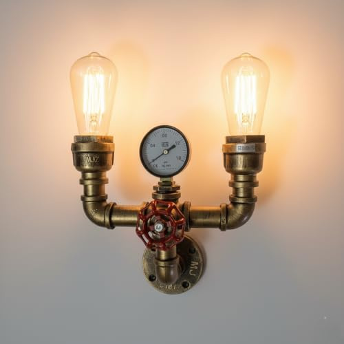 LEDSone Industrial Water Pipe Wall Light Brushed Copper E27 Red Valve Gauge | Brushed copper finish | Red valve and gauge design | E27 fitting | Ideal for bedroom, bar, pub, café & farmhouse décor