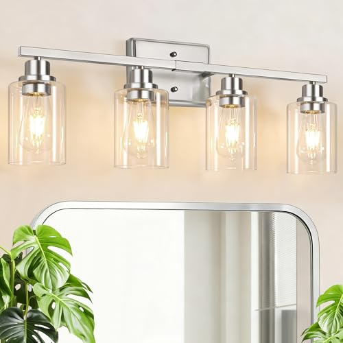 Unicozin 4-Light Bathroom Light Fixtures, Modern Vanity Lights with Clear Glass Shades, Brushed Nickel Bathroom Wall Lamp for Mirror Living Room Cabinet Bedroom