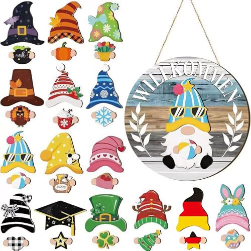 Türdeko Weihnachten, Austauschbare Wichtel Willkommensschild Dekor, Türschild Mit 30 Stück Magnetstücken Und Abnehmbaren Hüten, Willkommen Schild Weihnachtswichtel Für Haustür, Veranda (D)