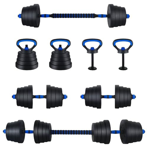 vidaXL Set de Mancuernas, Barra y Kettlebell 4 en 1 30 kg Negro y Azul, Equipo para Gimnasio en casa, Mancuernas Ajustables, Pesas, Ejercicio Interior, Herramientas compactas para Entrenar