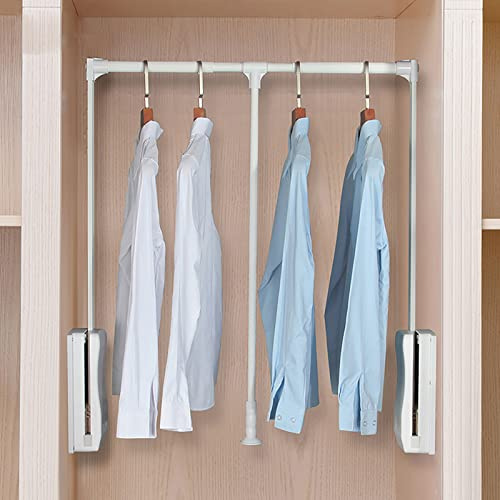 LDIW Heavy Duty Pull Down Closet Rod - Retractable Adjustable Width Wardrobe Rail Lift Hanger Organizer System for Clothes Storage,White,830 to 1150mm