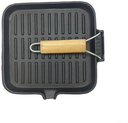 Bistecchiera con manico pieghevole, padella antiaderente in ghisa, a righe quadrate, per carne, pesce, pancetta, verdure, per fornelli a gas e induzione (20 cm)