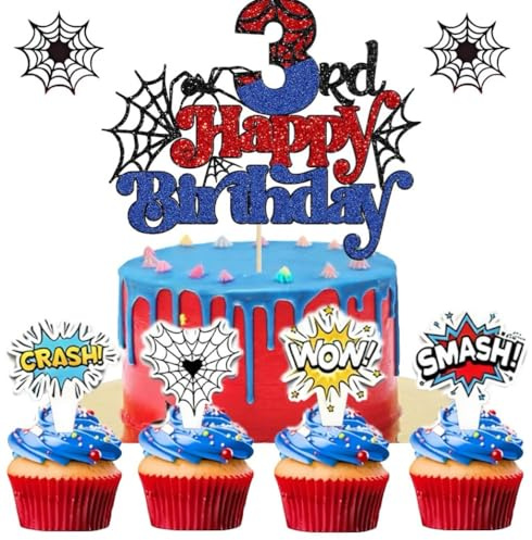 25Pcs Spider Themed (Glitter) Happy 5th Birthday Cake Topper for Spider Themed Birthday Anniversary Party Supplies，Spider Cake Happy Birthday Decoration (3th)