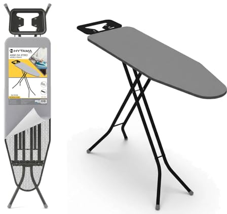 HYTAMA TOOLS - Asse da Stiro BRAVA 33x110cm In Acciaio con Leva Pieghevole, Salvaspazio con Poggiaferro, Piedi Antiscivolo, Regolabile, Rivestimento 100% cotone Sottotessuto in schiuma di alta qualità