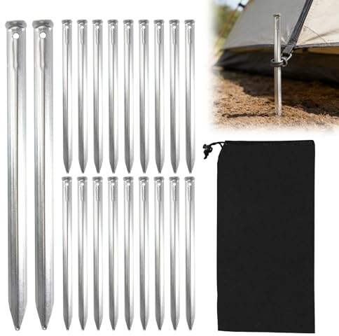20 Stück Zeltheringe,30cm Erdnägel mit V-Profil,Hochwertige Sandheringe mit Lochöse,Bodenanker,Verzinkte Heringe Zelt,Stahlheringe mit Transporttasche für Camping,Sonnensegel,Zelt,Abspannleinen