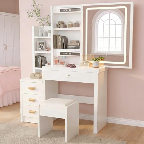 Oyajia Coiffeuse Maquillage avec Miroir LED, Luminosité Réglable 3 Couleurs, Table de Maquillage avec Tabouret, 4 Tiroirs & 7 Étagères, Coiffeuse Moderne Bois Blanche pour Chambre 135×80×36 cm Moderne