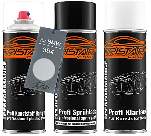 TRISTARcolor Autolack Spray Set Kunststoff für BMW 354 Titansilber Metallic | Titanium Silver Metallic, Sprühdosen-Set für Stoßstange/Plastik, Kunststoff-Haftgrund + Basislack + Klarlack