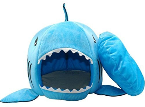 Hai-Motive Katzenbett mit Kissen Hundehaus Haustier Schlafsack für drinnen Waschbar Haus & Sofa 42cm/50cm (blau)