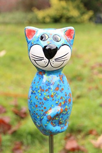 Katze aus Keramik - mittel-blau – ca. 17 cm hoch – Gartenstecker