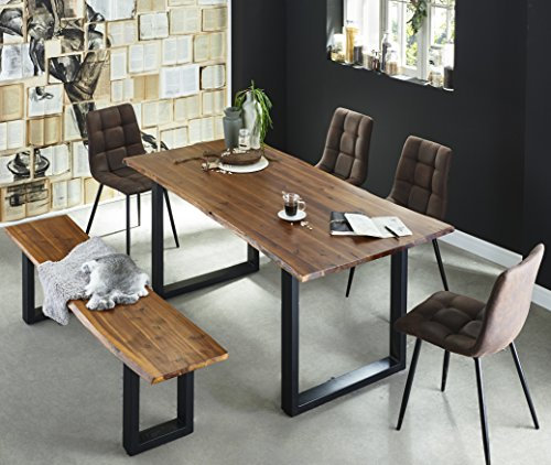 SAM 6 TLG. Essgruppe Esra, Baumkantentisch 140x80 cm & -Bank 140x40 cm, Akazie-Holz Cognacfarben, Gestell schwarz, 4X Schalenstuhl ULF braun