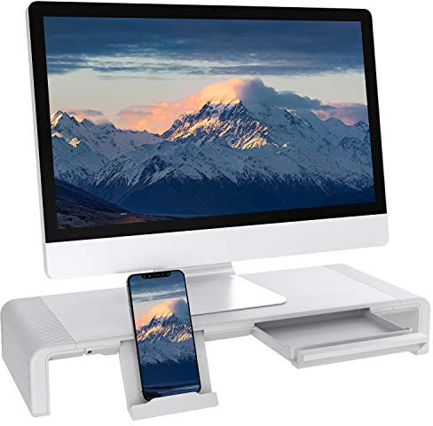 TATEGUARD Faltbarer Monitorständer Riser Computer Monitorständer mit Verstellbarer Breite kompatibel mit iM'ac Drucker Laptop mit Aufbewahrungsschublade Tablet & Handyständer Halter Weiß