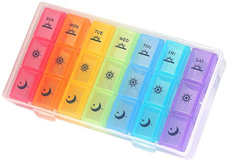 Weekly Pill Organizer,3-Times-A-Day 7 Day Pill Box Large Compartments Moisture-Proof Pill Case Medication Reminder Portable Travel Container for Vitamins Fish Oil Compartments Supplements