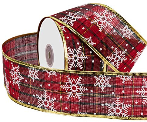RUSPEPA Wired Christmas Holiday Ribbon - Rotes Und Grünes Kariertes Sackleinenband Mit Weißem Schneeflockendesign - 63 mm X 22 m Pro Rolle - Gold Wired Edge