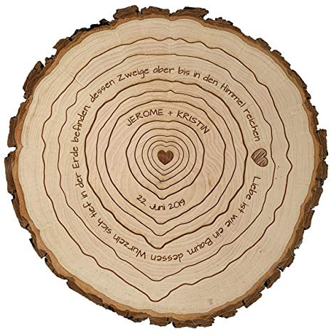 Baumscheibe mit Gravur zur Hochzeit - Motiv Jahresringe Baumringe + Spruch | Namen & Datum personalisierbar | verschiedene Größen (32-35 cm Durchmesser)
