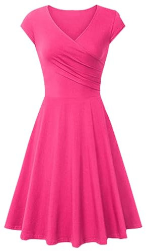 YMING Women's Pleated Swing Dress Sexy V-Neck Dress Audrey Elegant Floral Print Dress Midi Dress Pink M