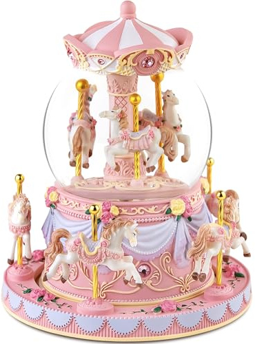 Mr.Winder Carousel Music Box Snow Globe Unicorn Horse Musical Boxes with Color Lights, for Girls Women Daughter,Gift for Anniversary Christmas Birthday
