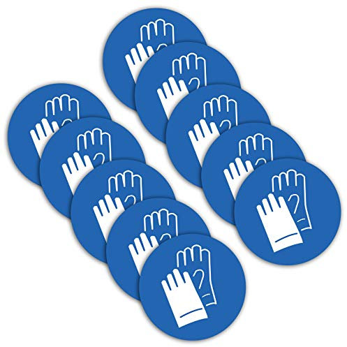 STROBO 10 pegatinas que indican la obligatoriedad de usar guantes de protección 9,5 cm de diámetro, señales de advertencia con protección UV para exteriores e interiores