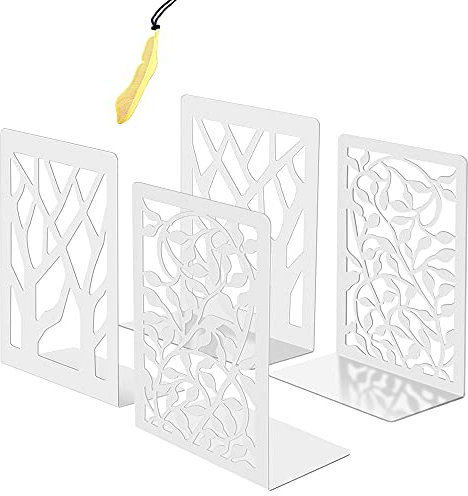 Iycnkok Fermalibri Reggilibri da Mensole in Metallo Design Albero/Foglia Supporto Porta Libri Antiscivolo, Segnalibro Incluso, Ideale per Casa Ufficio Decorativi Scrivania, 4 Pezzi Bianchi