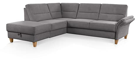 CAVADORE Schlafsofa Wyk mit Federkern / Ecksofa im Landhaus-Stil mit Ottomane, Bett, Stauraum + Armteilfunktion / 238 x 90 x 213 / Jacquard, Grau