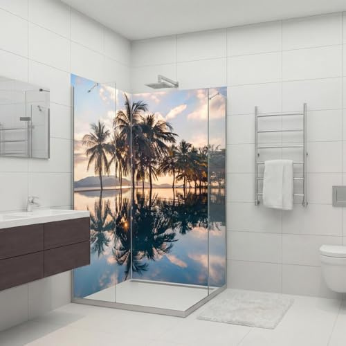 dedeco Eck-Duschrückwand wasserfest Motiv: Palmen V1, UV-Lack glänzend, 2 x 80x200 cm, als Badrückwand zum Fliesenersatz, als Dekorwand, Wandverkleidung und Duschplatte aus Aluminium - Made in Germany