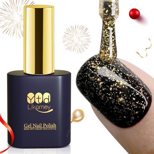YTD Likomey 15ml Top Coat Pan de Oro Esmalte Semipermanente de Uñas en Gel UV LED,No Wipe Pan de Oro Capa Superior Gold Foil Top Coat