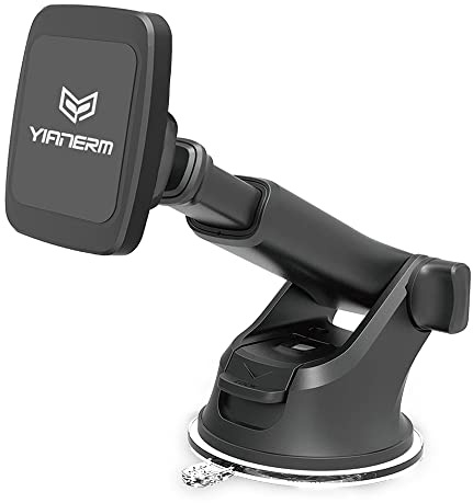 YIANERM Soporte magnetico movil Coche, Ventosa para salpicadero, Parabrisas, Soporte para Coche con Brazo telescópico Ajustable Compatible con iPhone Huawei Xiaomi Oneplus Samsung (Negro)