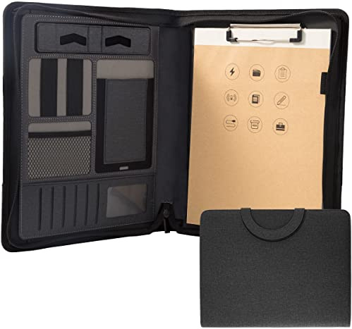 Leder-Padfolio-Portfolio mit [Reißverschluss] [Griff] [4-Ringbuch] und [Klemmbrett], Business-Konferenz-Organizer, Notizblock, Ordnertasche für Damen/Herren (ohne Batterie, schwarz)