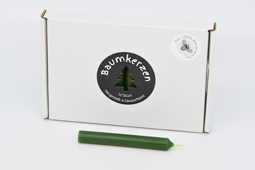 Premium Baumkerzen 12 Stück aus 100% EU Bienenwachs farbig bunt glatt 13x98mm Christbaumkerzen (Grün)