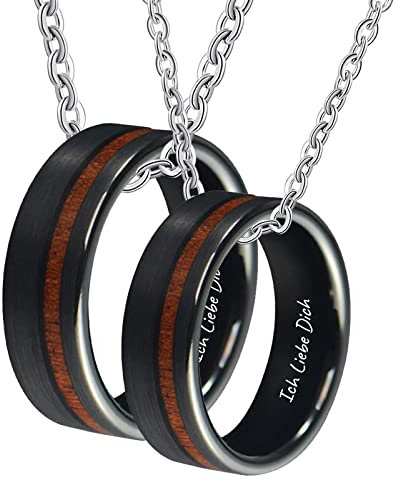 AMDXD Partner Kette Edelstahl mit Gravur Ich Liebe Dich, Holz Partner Ketten Set 2Pcs Ringe Anhänger, Schwarz für Damen Herren, Breite 8MM Länge 60cm/ 50cm