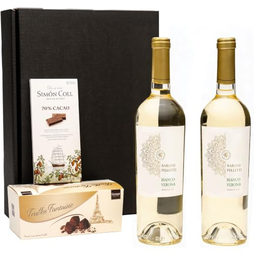 Geschenkset 2 x Weißwein aus Italien (Bianco di Verona Barone Pelletti IGT) mit Schokoladentrüffeln und dunkler Schokolade | für Männer & Frauen zum Gebutstag, Hochzeit, Weihnachten