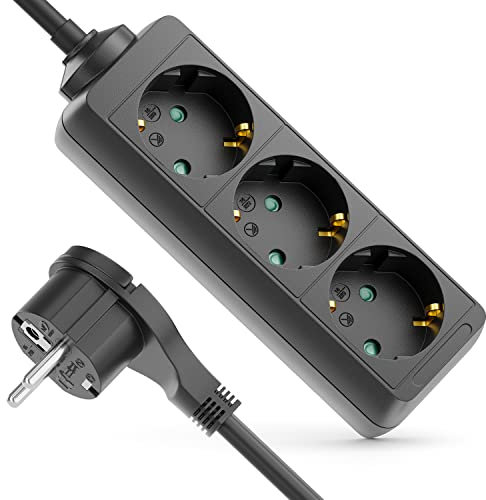 deleyCON 3 Fach Steckdosenleiste mit Flachstecker Stromleiste für Innenbereich 3,0m Kabel Flachkontakt-Stecker Robustes Kunststoffgehäuse Schwarz