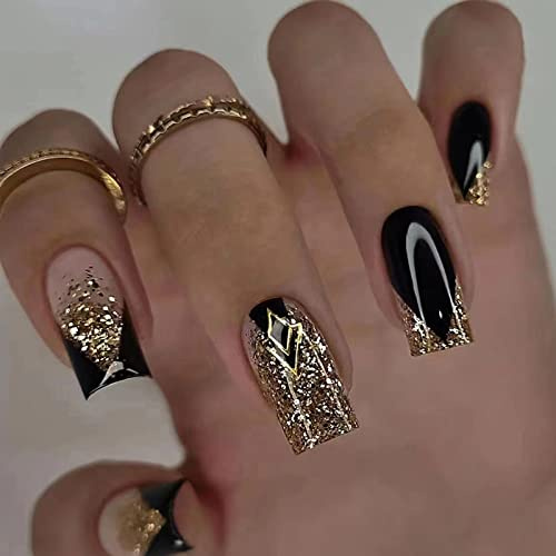TMUT 24pcs Square False Nails Short Women, Stick on Nails Black Press on Nails with Gold Sequins, French False Nails, Removable Glue-on Nails Fake Nails Women Girls Nail Art Accessories, 1 millilitre